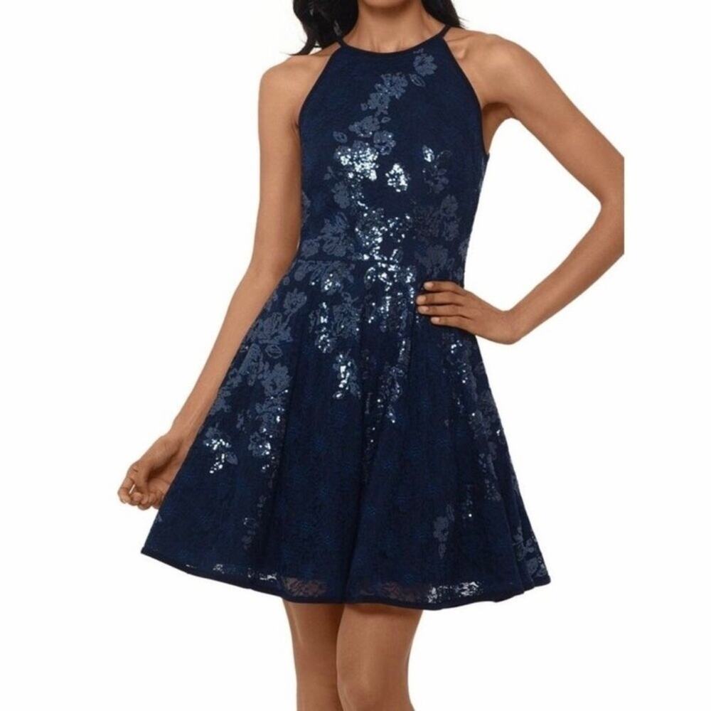 Xscape Floral Lace Skater Sequin Dress, Fit and Flare, Navy, Size 4